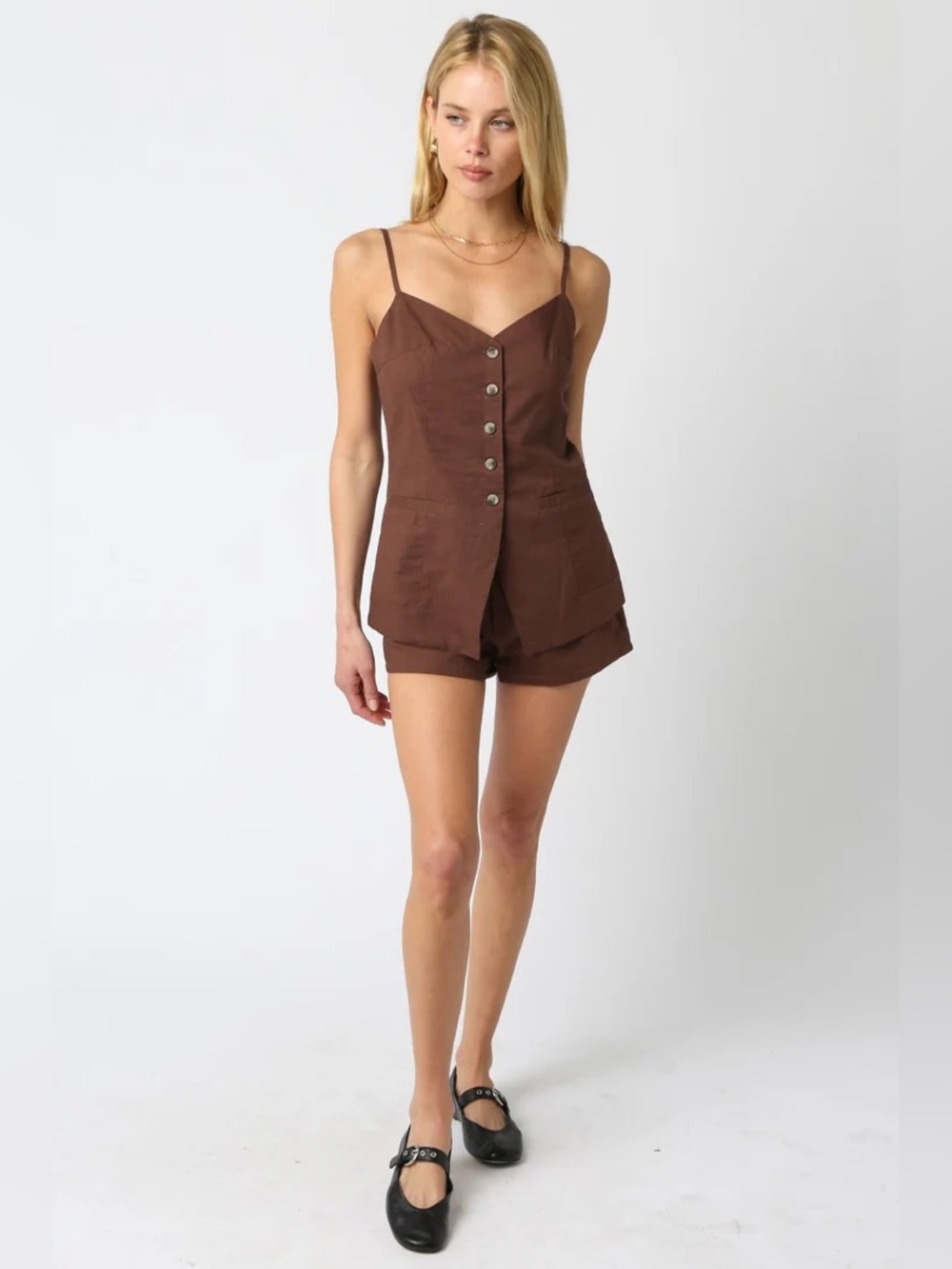 Olivaceous || Linen Blend Two‎ Piece Set Shorts Top Brown Small